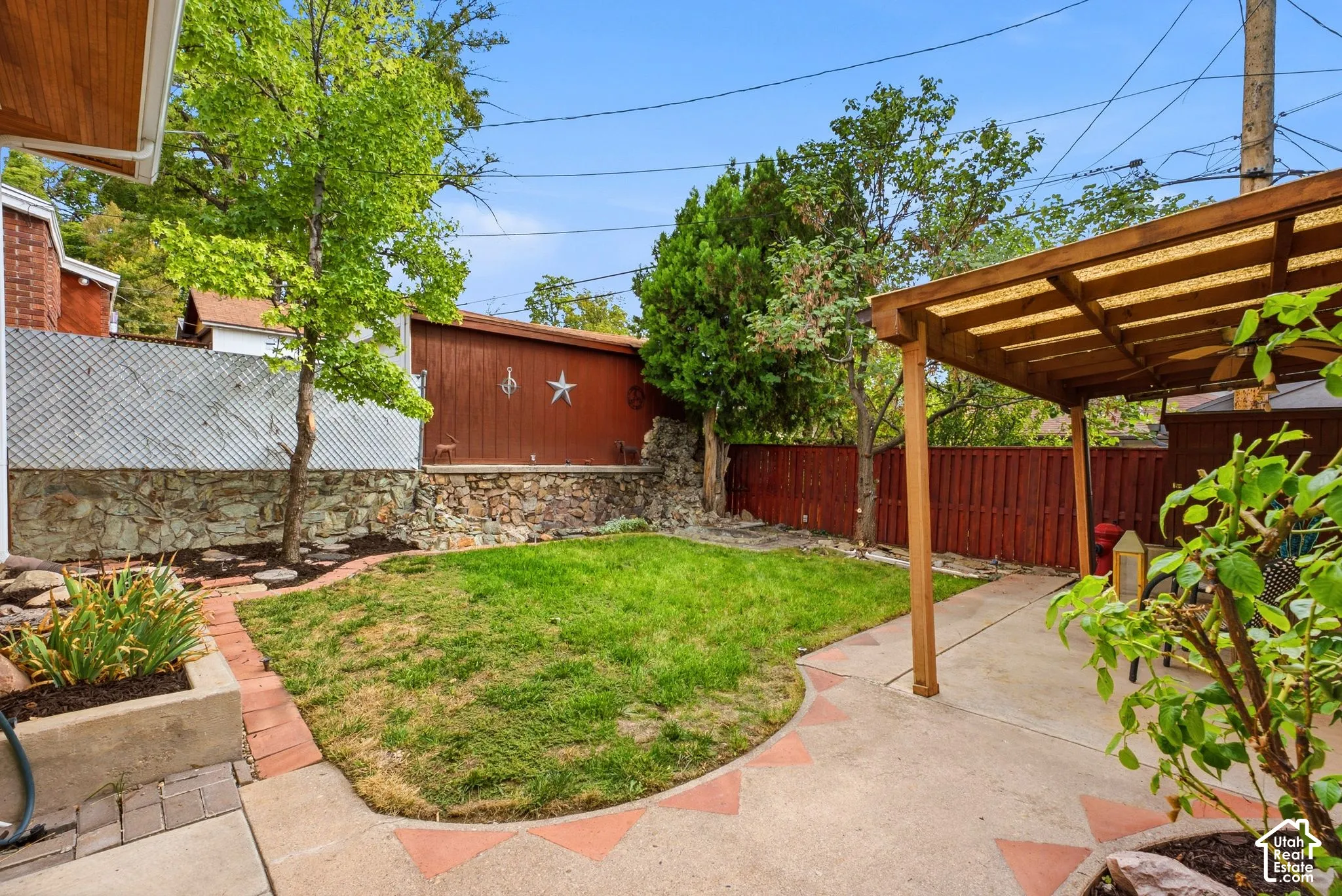 Private backyard featuring a patio, wood pergola, and fenced perimeter