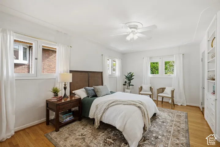 Hardwood flooring and built-in shelving