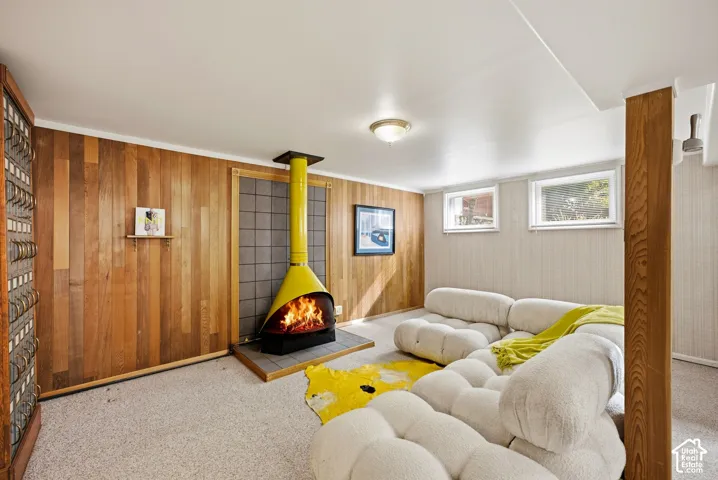Wood-paneled wall, freestanding fireplace with a tile surround, carpeted flooring.