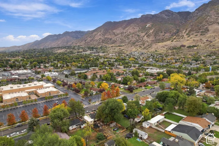 Aerial perspective featuring expansive mountain range backdrop and mature trees