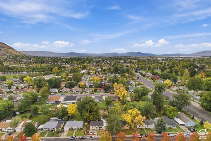Aerial perspective of the residential area featuring mature deciduous trees and prominent mountain backdrops