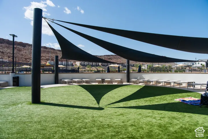 Expansive outdoor area featuring artificial turf, shade sails, and multiple lounge seating areas