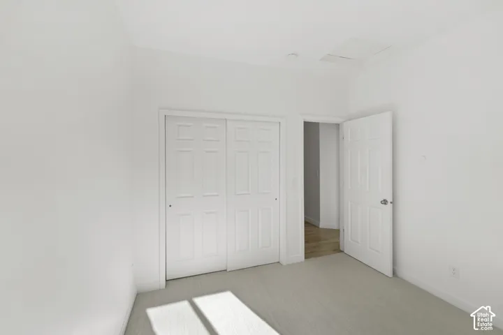 Light-colored carpeting, white paneled doors, and white walls