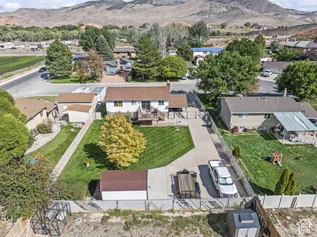 Expansive grassy yard with mature trees, a detached storage shed, and a paved driveway leading to the residence