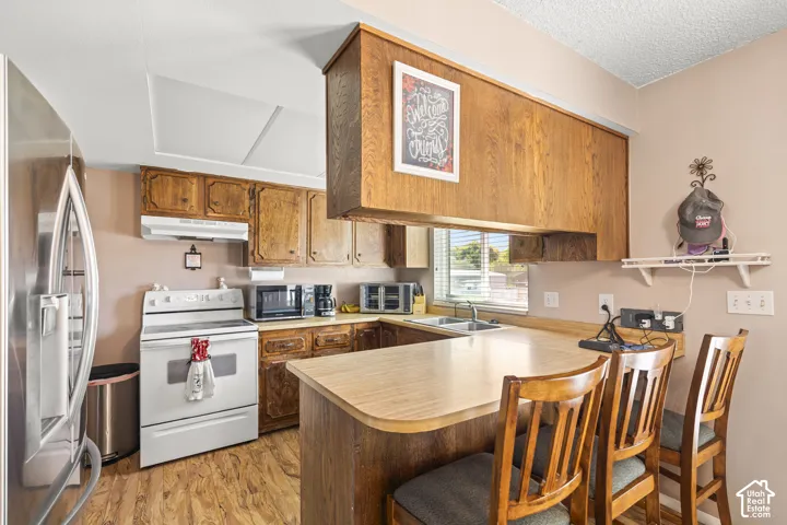 Kitchen featuring wood-finish cabinetry, a stainless steel refrigerator, white electric range, and a double basin sink