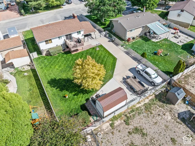 Expansive lot featuring a large lawn, mature trees, a detached storage shed, and a paved driveway