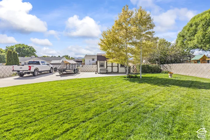 Expansive manicured lawn with mature trees, a detached storage shed, and a paved drive