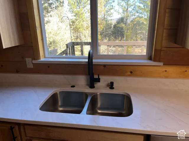 Dual-basin stainless steel sink with a matte black high-arc faucet, set within a light-toned countertop