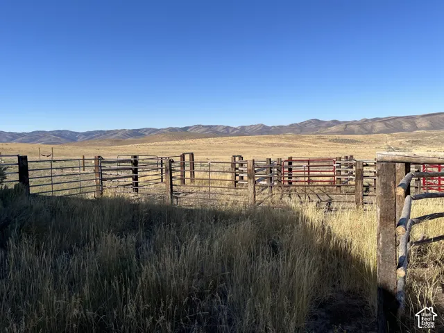 Expansive land featuring various metal and wood fencing, multiple gates, and a mountain backdrop