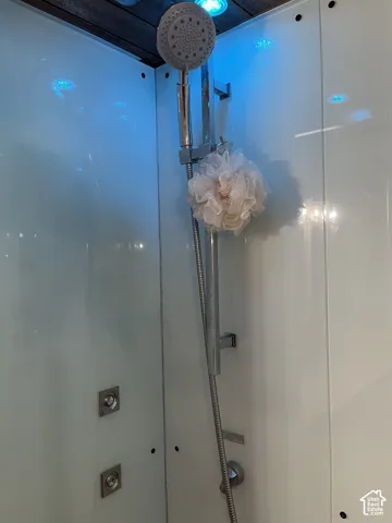 Enclosed shower system featuring a handheld showerhead, body jets, and overhead lighting
