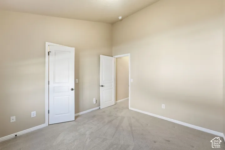Light-colored carpeted flooring, neutral wall paint, white trim, and white paneled doors