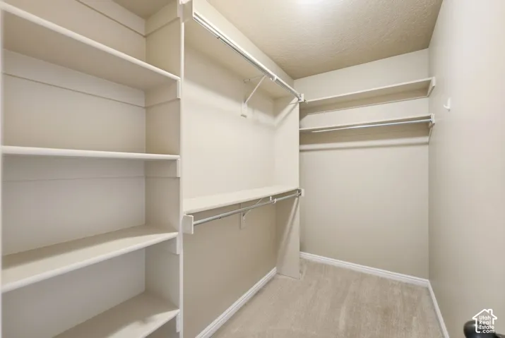 Built-in shelving, multiple hanging rods, and neutral-toned carpeting
