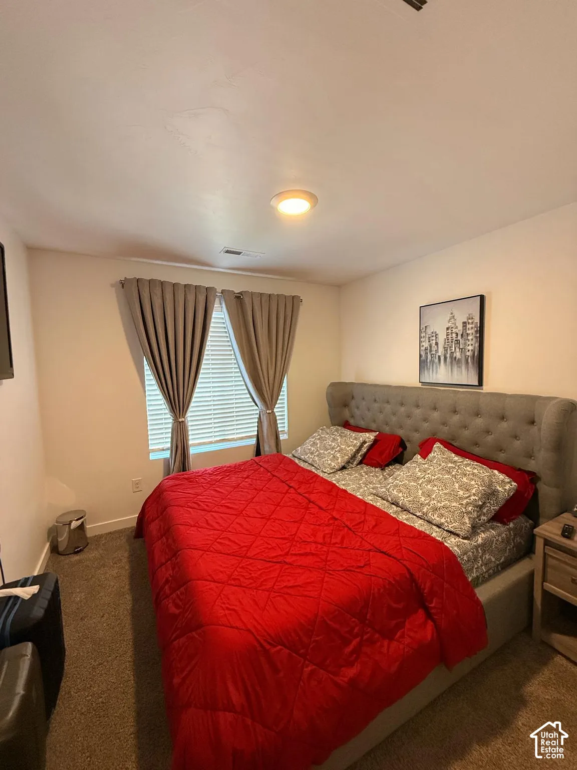 Wall-to-wall carpeting with a central ceiling light fixture and window with blinds