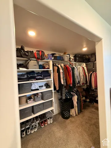 Recessed lighting, built-in shelving, and hanging rod storage within a carpeted closet