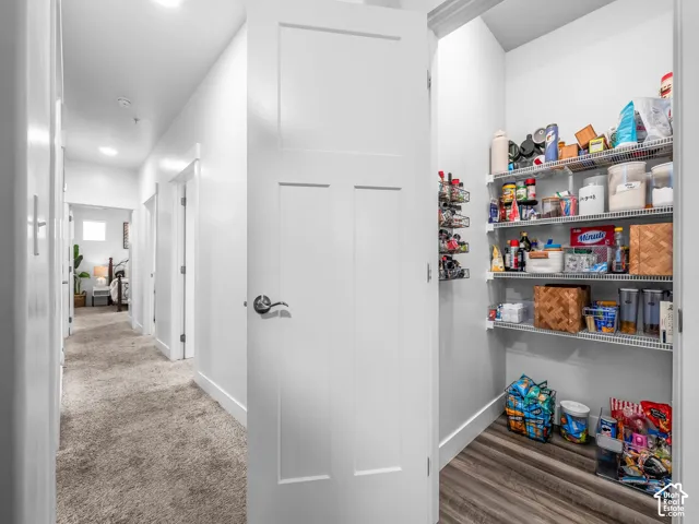 Spacious pantry with wire shelving and wood-finish flooring