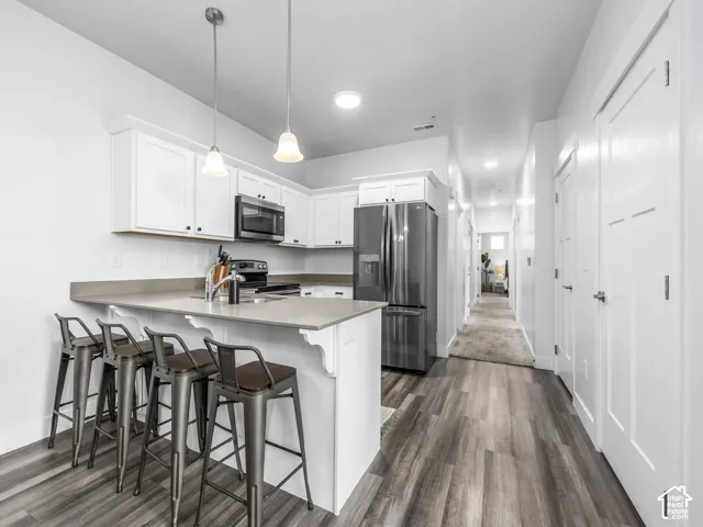 White shaker cabinetry with black hardware, stainless steel appliances, wood-finish flooring, and pendant lighting