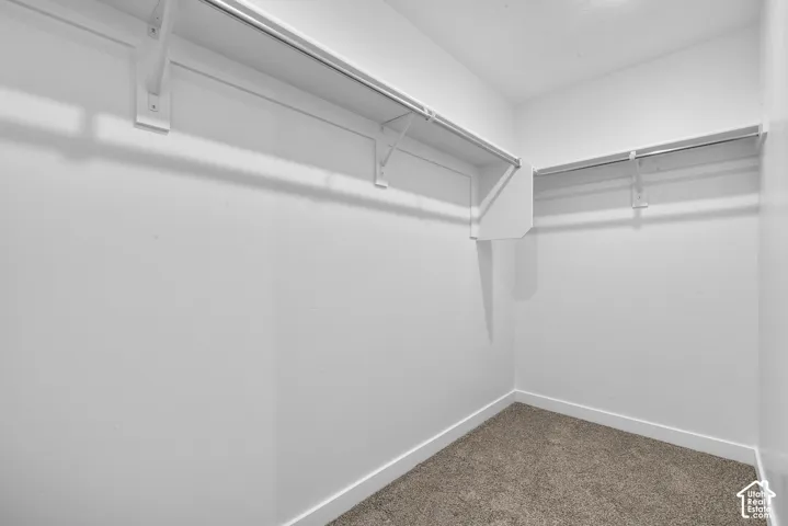 Built-in shelving with hanging rods and carpet flooring