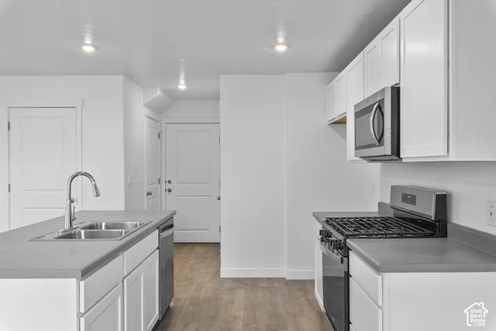 Contemporary kitchen featuring white cabinetry, stainless steel appliances, wood-finish flooring, and recessed lighting