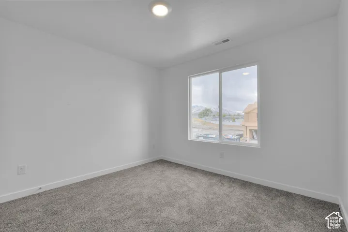 Plush carpeting, recessed ceiling light, and a window with mountain scenery