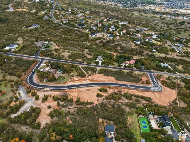 Expansive land parcel featuring developed roadways and surrounding mature trees