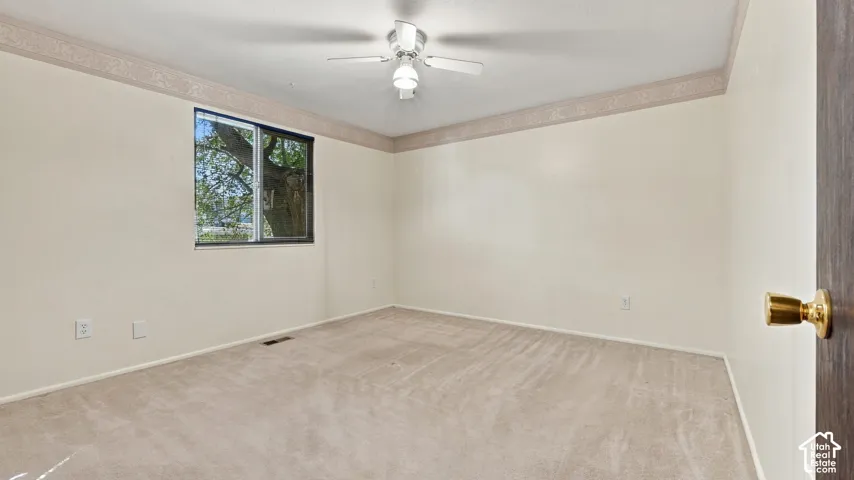 Room featuring neutral carpeting, a ceiling-mounted light fixture, a single-pane window, and decorative wall molding