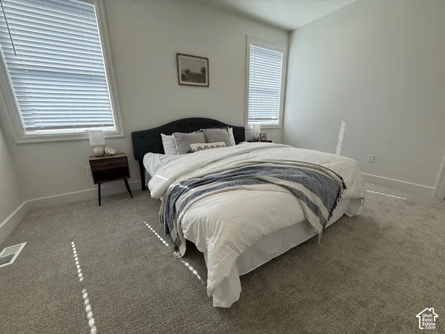 Wall-to-wall carpeting, dual windows with blinds, a dark upholstered headboard, and a wood-finish nightstand