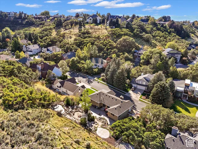 Aerial view showcasing this hillside residence nestled among mature landscaping and established trees