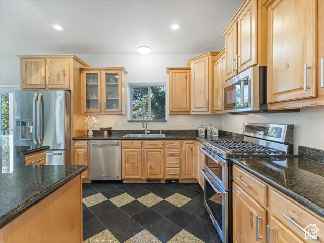 Kitchen featuring wood cabinetry, stainless steel appliances, dark stone countertops, and a checkered tile floor