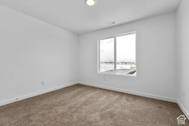 Plush carpet flooring complements bright white walls and a large window