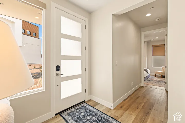 Entryway with a contemporary door, light wood-finish flooring, and recessed lighting