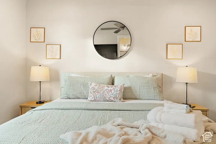 Neutral wall color with a light-toned headboard
