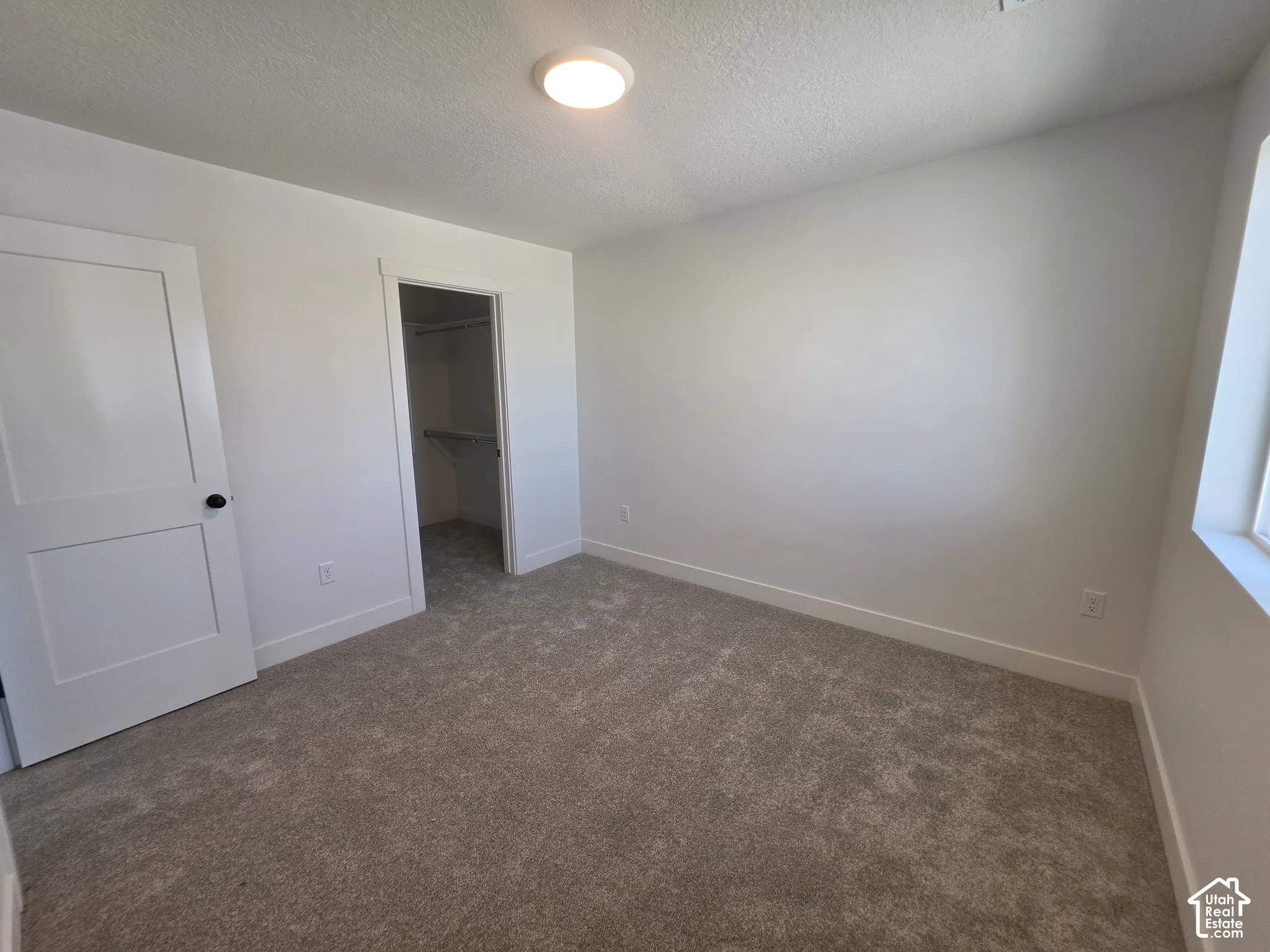 Neutral-toned carpeting, white walls, and a contemporary ceiling light fixture