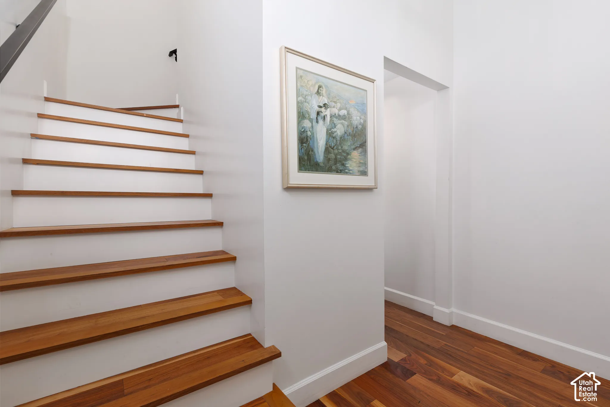Wood-finish flooring with white baseboards, complemented by a staircase featuring wood-finish treads and white risers