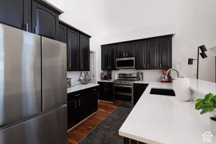 Vaulted ceiling kitchen featuring black cabinetry, stainless steel appliances, white countertops, and wood-finish flooring