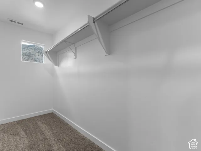 Recessed ceiling lighting, built-in shelving, hanging rod, window, and carpet flooring