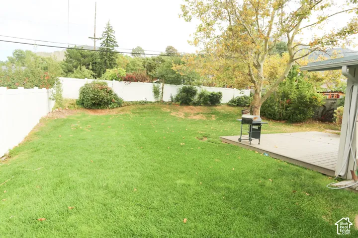 Expansive grass lawn with a deck and mature tree