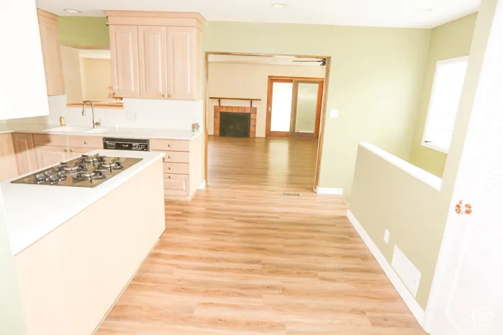 Kitchen island with integrated cooktop, wood-finish flooring, light-toned cabinetry, light-colored countertops, and a built-in dishwasher