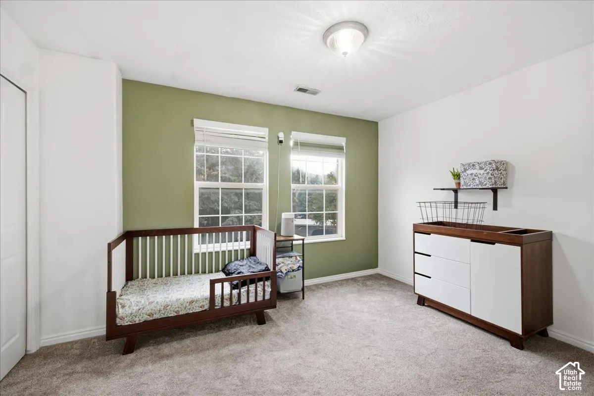 Neutral tone wall paint, dual windows with blinds, carpeted flooring, built-in closet with white doors, and a ceiling-mounted light fixture