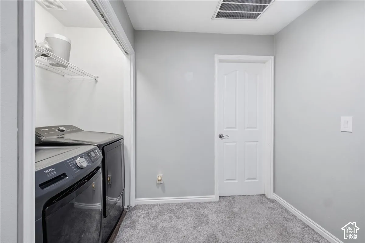 Dedicated laundry area with built-in shelving, durable gray carpeting, and a white paneled door