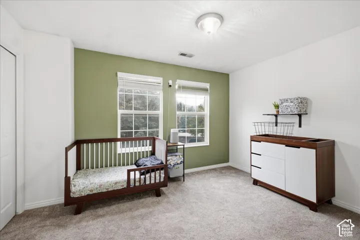 Neutral tone wall paint, dual windows with blinds, carpeted flooring, built-in closet with white doors, and a ceiling-mounted light fixture