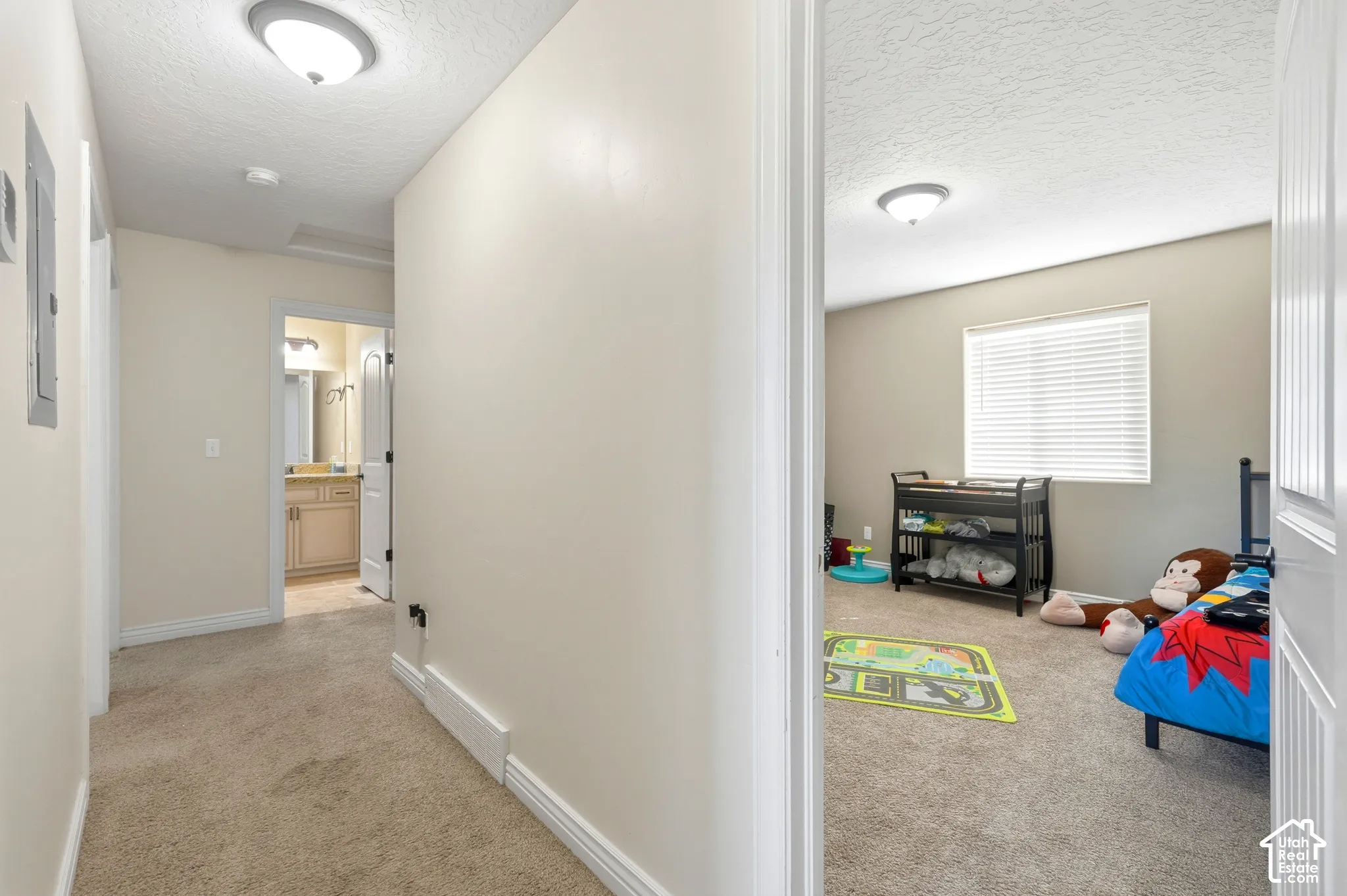 Carpeted hallway with flush-mount lighting