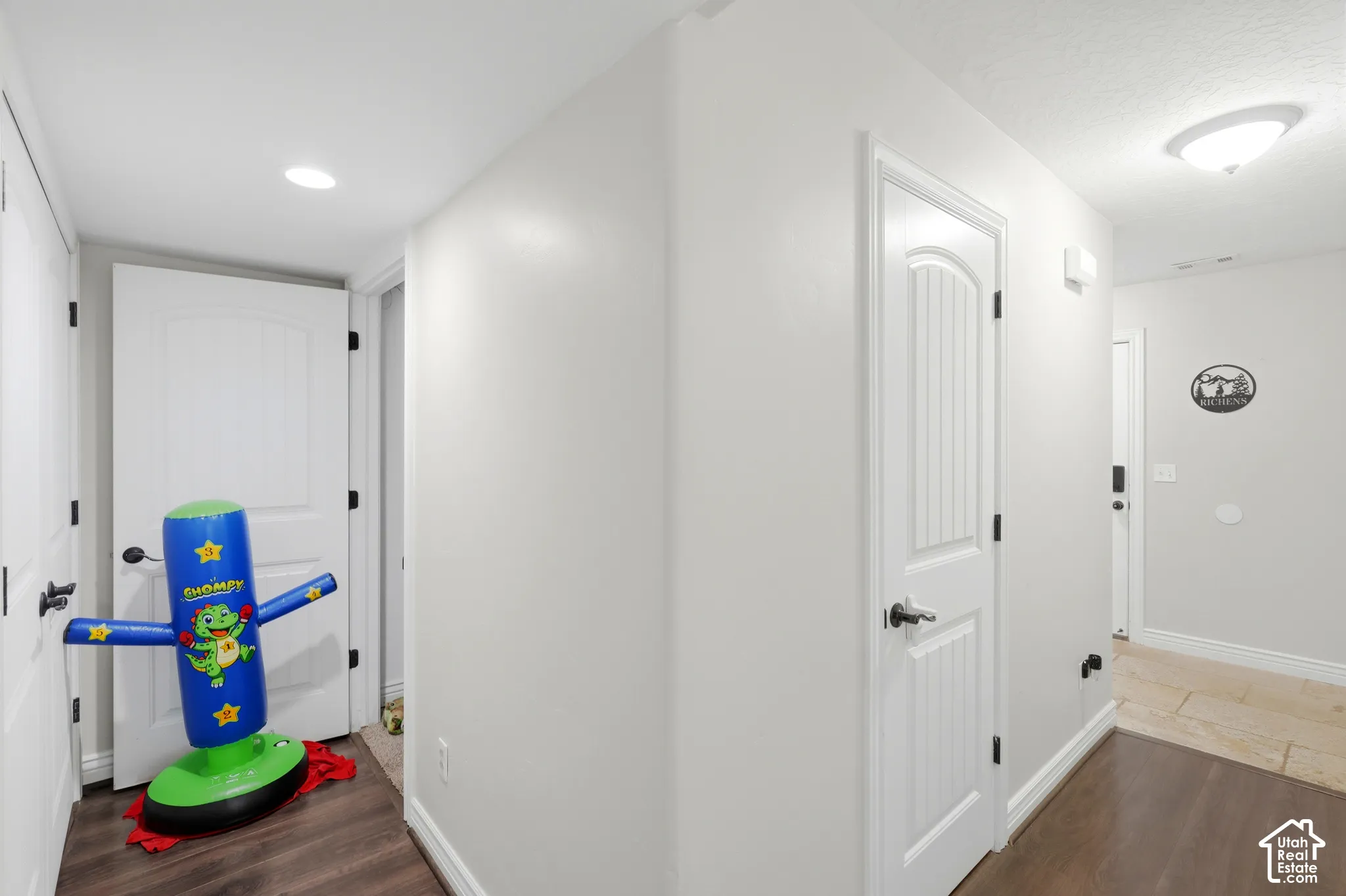 Hallway with recessed lighting, dark wood-finish flooring, white paneled doors with dark hardware, and light-colored walls