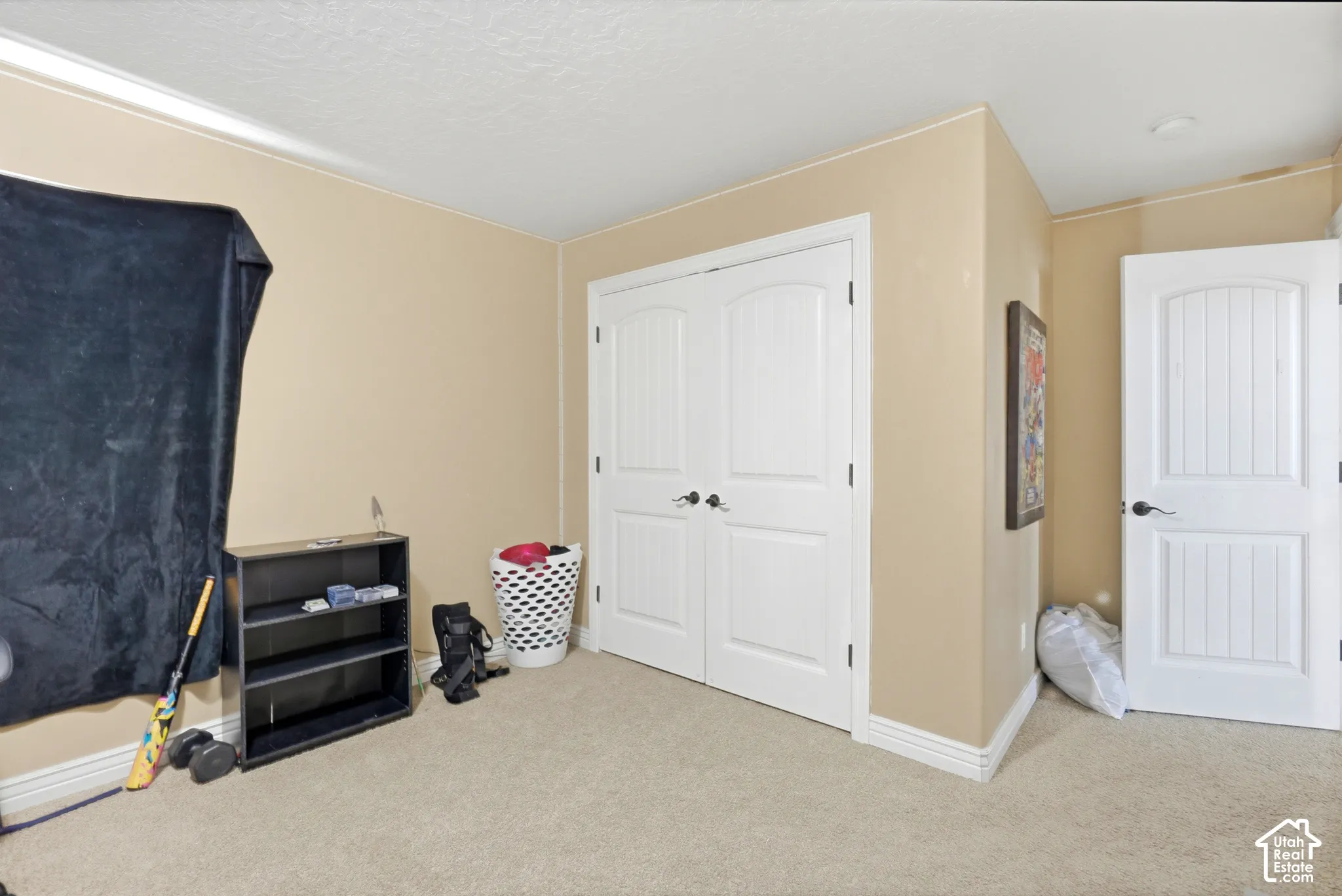 Carpeted room featuring neutral wall tones, white trim, and white paneled doors