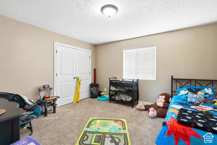 Neutral-toned walls complement the textured carpeting