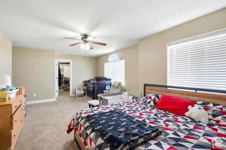 Recessed window, ceiling fan, carpet flooring, walk-in closet, neutral wall tones