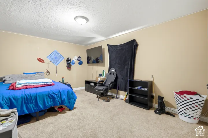 Recessed lighting with a textured ceiling, neutral wall paint, and carpeting throughout