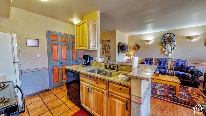 Kitchen with wood-finish cabinetry, granite-style countertops, and a double basin stainless steel sink