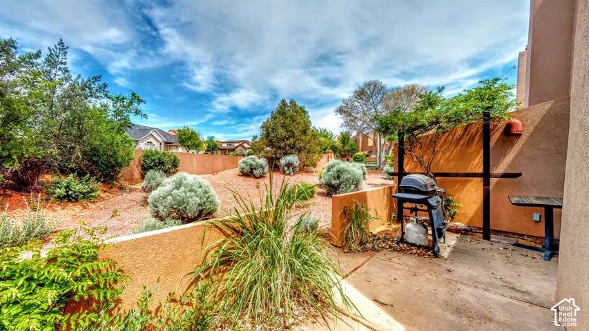 Paved patio area, stucco exterior wall, and established landscaping with various plant species