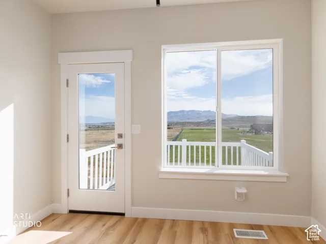 Wood-finish flooring, white trim, and a full-light exterior door