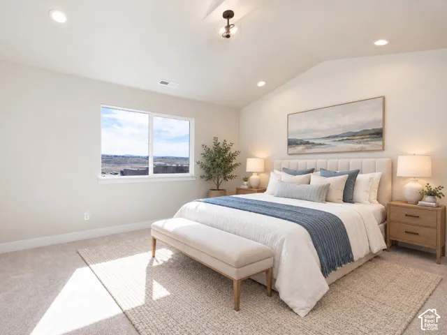 Vaulted ceiling with recessed lighting and a central light fixture.  Virtually Staged.